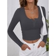 thumbnail image 6 of ANRABESS Women's Long Sleeve Shirts Fall Henley Top Soft Ribbed Knit Button Up Slim Fitted T-Shirts Layering Basic Tee Trendy Casual Going Out Fall Outfits Fashion Clothing Deep Grey X-Small, 6 of 9