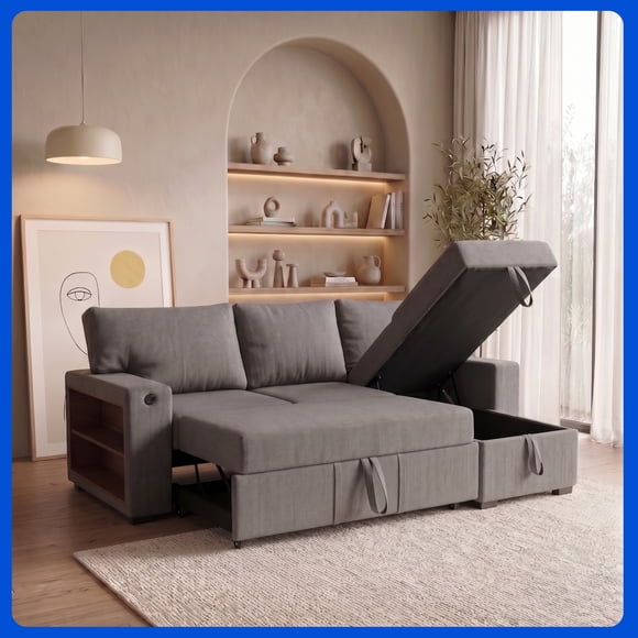 Sofá Cama Easy Living Porto Gris Oxford con chaise longue, almacenamiento y USB