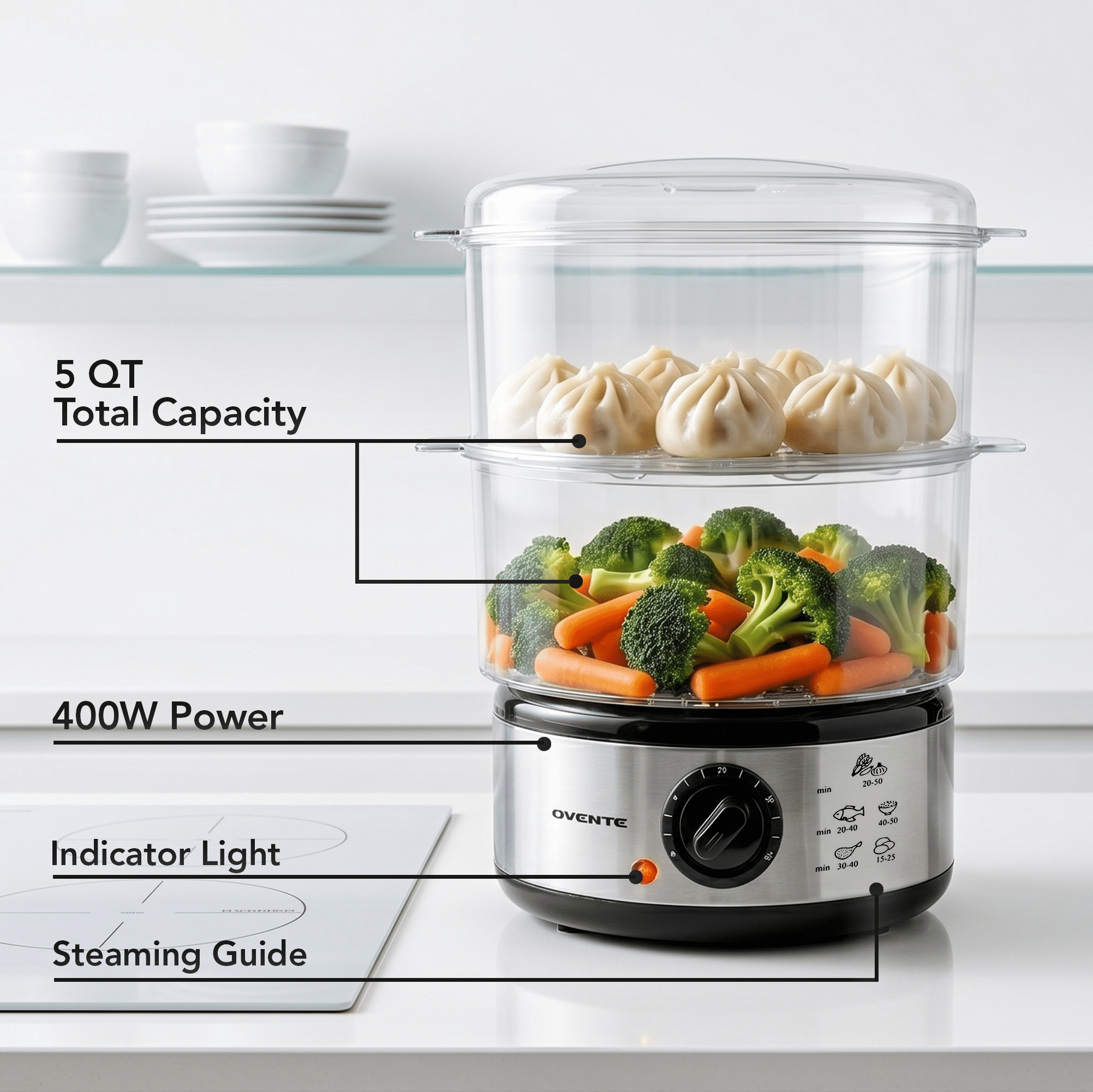 OVENTE 2-Tier Electric Food Steamer, 5 Quart Stainless Steel Stackable Steam Cooker with 400W Power, 60-Minute Timer & Auto Shut-Off, Dishwasher Safe, Healthy Vegetable & Seafood Steamer, Silver FS62