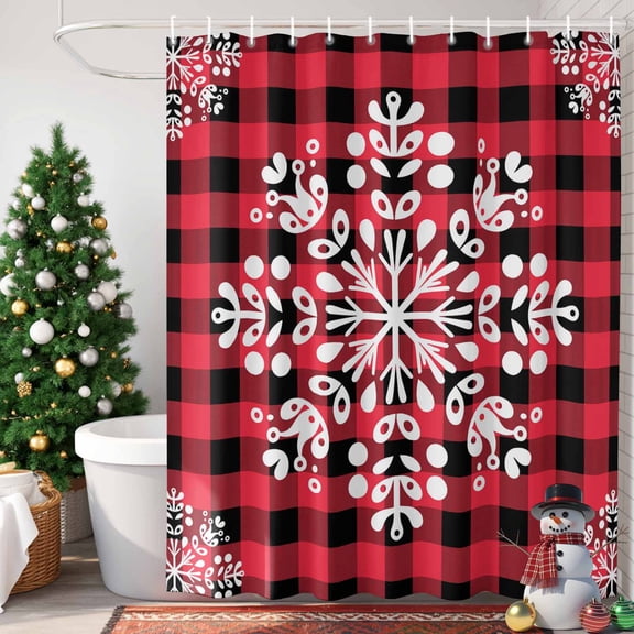 Christmas Snowflakes Shower Curtain, 72" x 72", Winter Snow Red Black Buffalo Plaid Waterproof Bathroom Curtain Washable Shower Curtain Set with 12 Hooks