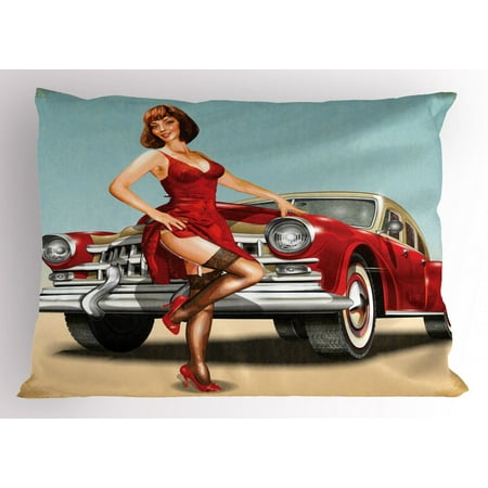 Pin up Girl Pillow Sham Short Dutch Haircut Style Brunette Lady Standing in Front of a Brand New Car, Decorative Standard Size Printed Pillowcase, 26 X 20 Inches, Multicolor, by
