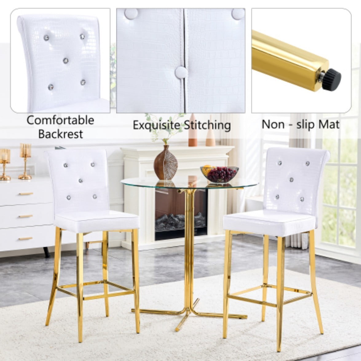 Set of 2 Vintage Bar Chairs, Faux Crocodile Leather Upholstered Stools with Crystal Button Details & Accents, Kitchen Island & Bar, White & Gold