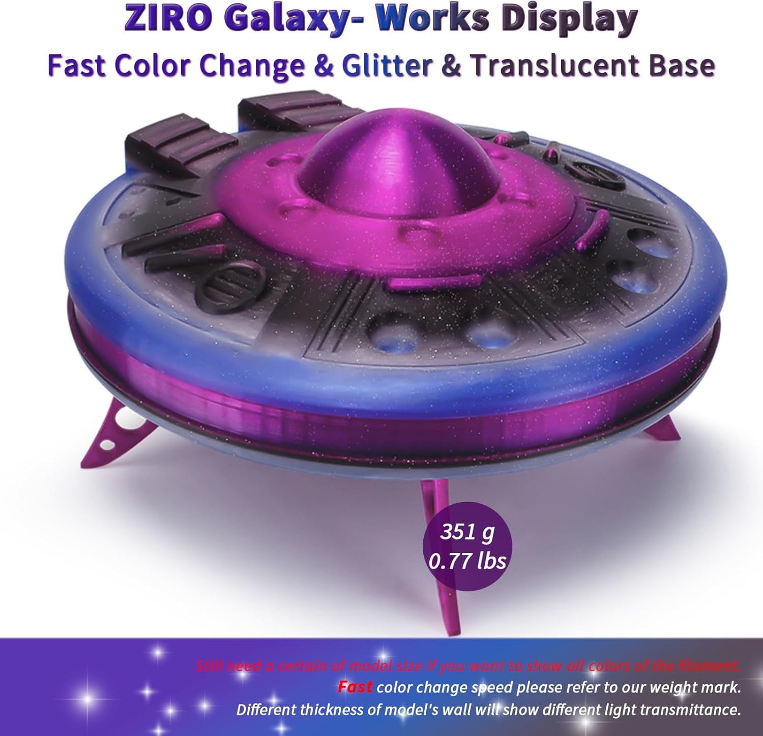 Fast Color Changing Twinkling PLA, 1.75mm Filament, Sparkle Glitter with Colorful Transluent PLA, 3D Printing Material,1kg Spool, Dimensional Accuracy +/-0.03mm, Galaxy