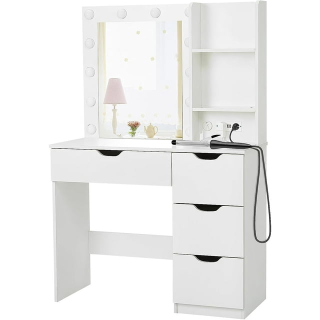 Coiffeuse avec 12 Ampoules, Bureau de Maquillage avec Station de Charge, Étagère de Rangement, Table de Maquillage à 4 Tiroirs avec 3 Modes d'Éclairage Luminosité Réglable Table de Toilette de Chambre, Blanc