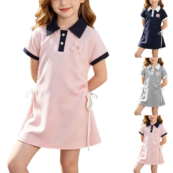 Teylalorva Girls Polo Dress, Short Sleeve Knitted Cotton Waist-Cinching Summer Floral Casual Uniform Dress Pink Size 6