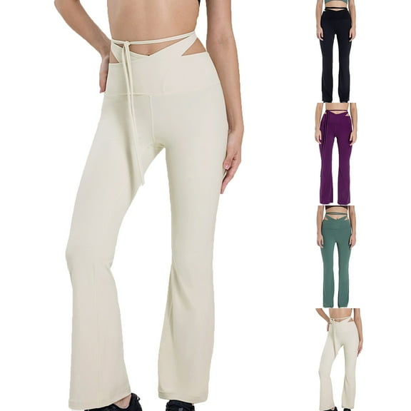 Kmdttou Women's Yoga Pants with Pockets for Women Solid Color For The Of Intersecting Waist Head Lace-up Elastic Yoga Pants Hip Lift Belly Fashion Everything Tight And Waist Flare Pants