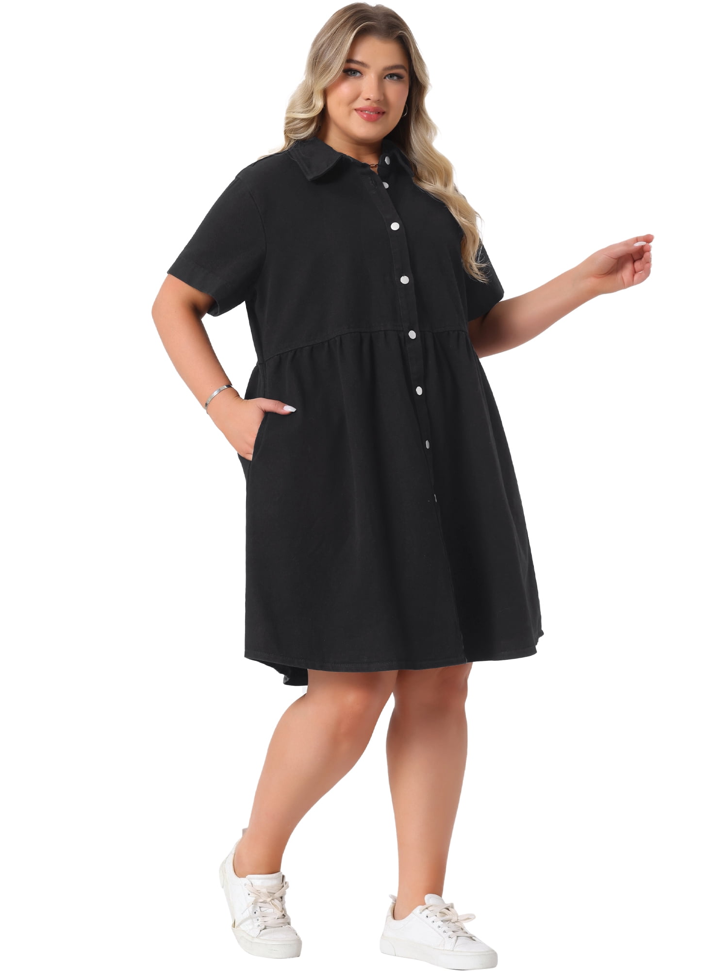 DARING DIVA Women's Plus Size Casual Denim Babydoll Pockets Dress 4X Black