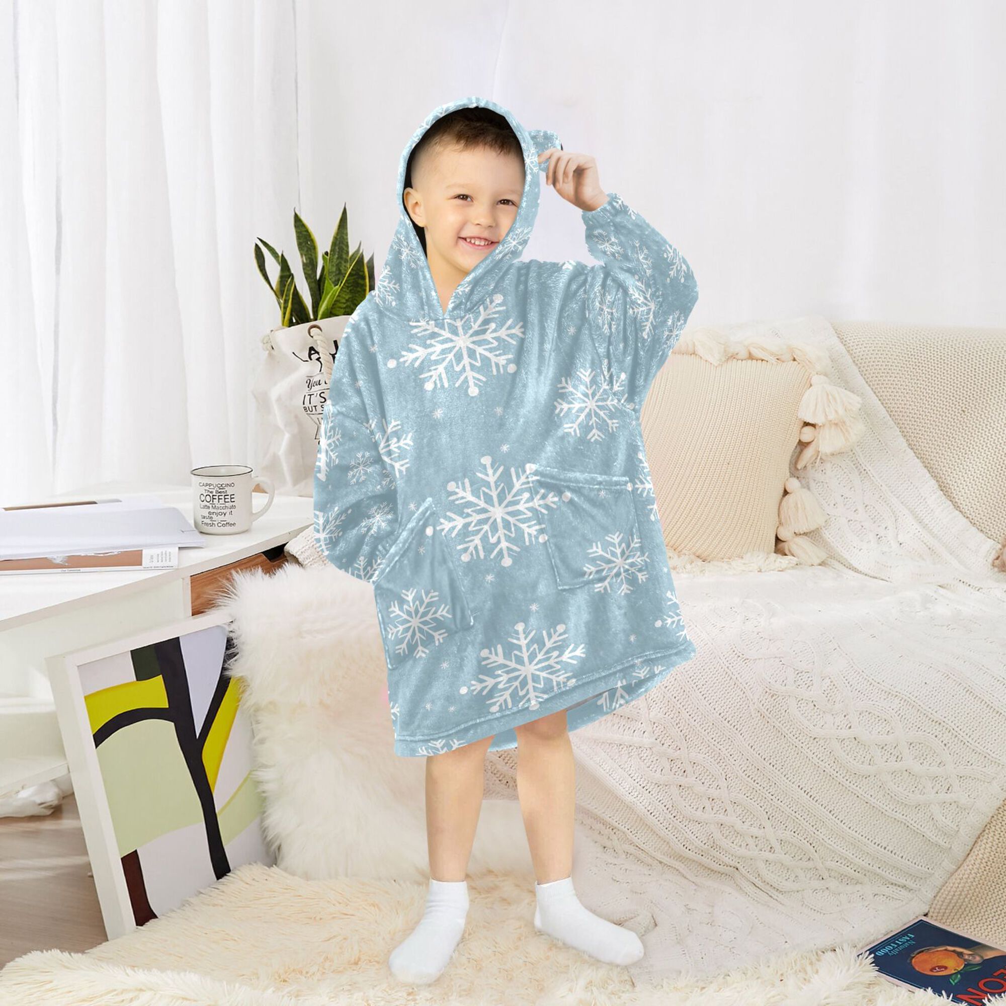 FORMRS Wearable Blanket Hoodie with Sleeves for Kids Cozy Flannel Sweatshirt, Gray Snowflake