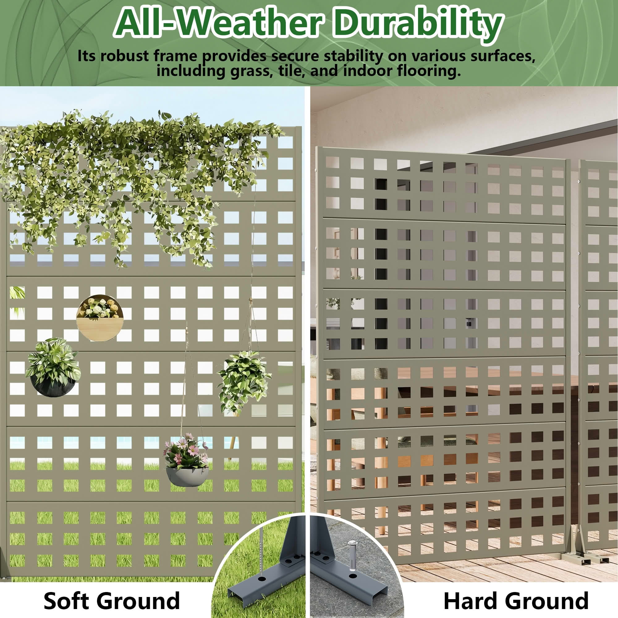 MAYEERTY 2-Piece Outdoor Metal Privacy Screen 6ft × 4ft Olive Gray, 6-Panel Lattice Pattern, Rust-Resistant for Garden