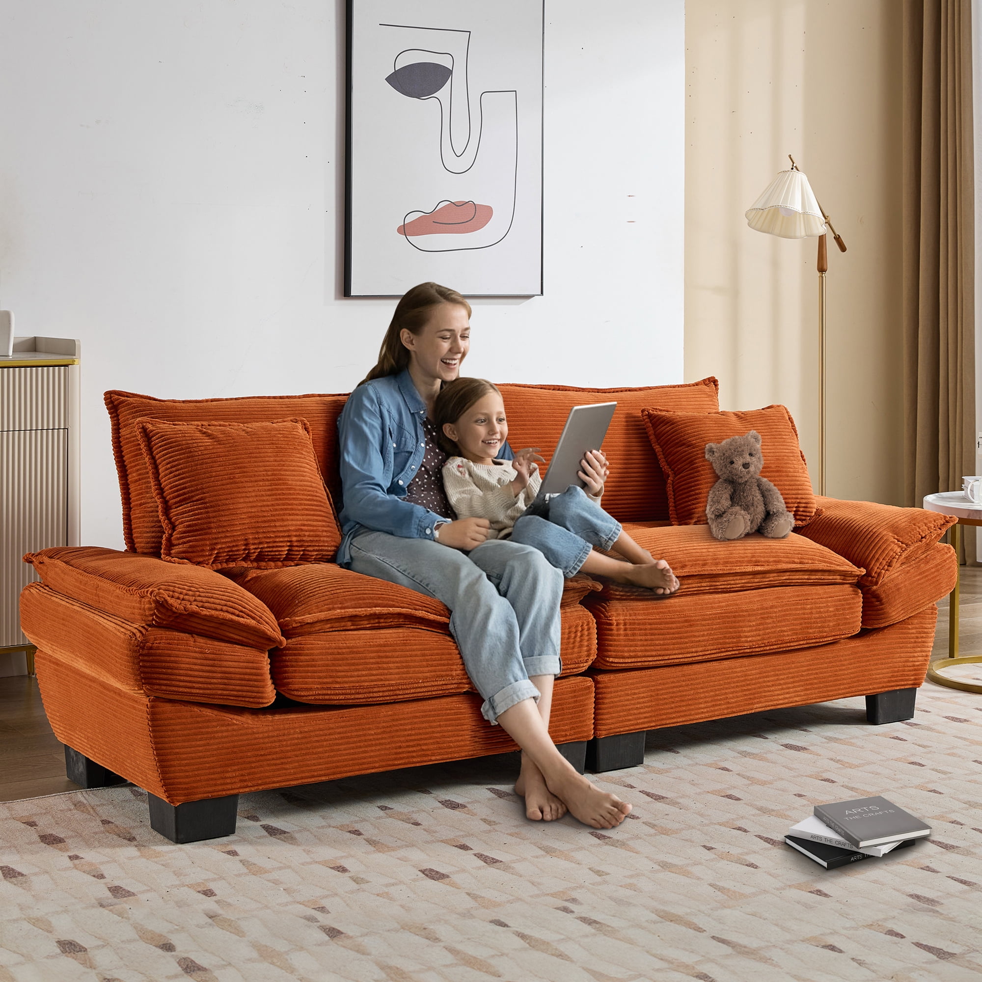 Dinosisco 84"L Deep Seat Sofa, Corduroy Upholstered Sleeper Couch for Living Room, Orange