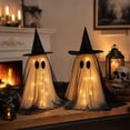 thumbnail image 6 of Cififendec Halloween Light Up Fabric Ghost Hanging Ornament, Double Layer Tulle Ghost with Witch Hat for Porch Eave and Fireplace Mantel Decor, 21.65", 6 of 7