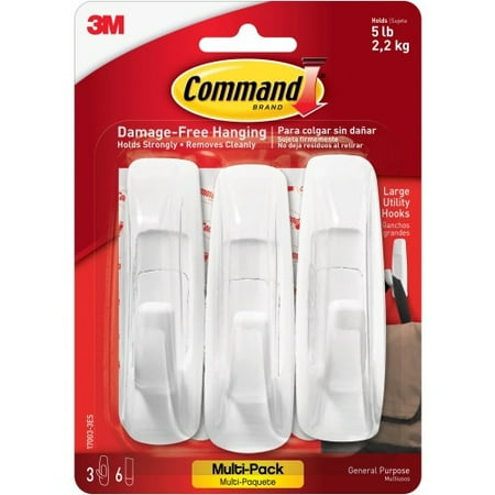 

Command Large Utility Hook Value Pack 5 lb (2.27 kg) Capacity - for Wood Paint Tile - Plastic - White - 3 / Pack