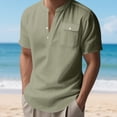 thumbnail image 3 of Men Henley Shirt Solid Color Cotton Linen Short Sleeve T-Shirts Band Collar Beach Vacation Pullover, 3 of 7