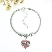 Nana European Snake Chain Charm Bracelet with Pink Rhinestones Heart Pendant