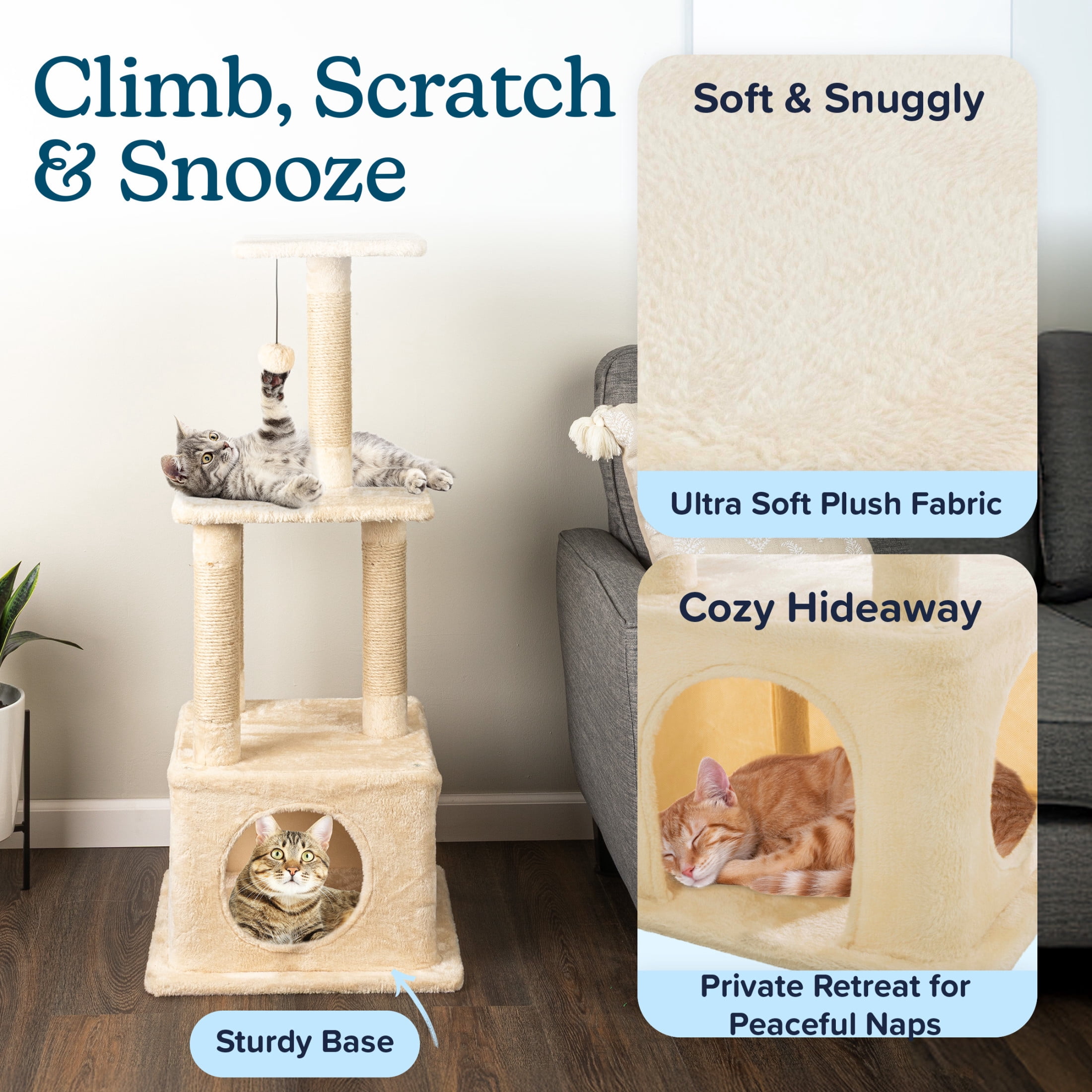 PETMAKER 44in Tall Cat Tree Tower with Perches, Condo, Scratching Posts, and Hanging Toy (Beige)