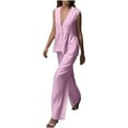 thumbnail image 3 of DDAPJ pyju Business Casual Outfits for Women Cotton Linen 2 Piece Set Deep V Neck Sleeveless Pelpum Tops and Wide Leg Pants Matching Sets Ofertas de hoy Pink XL, 3 of 10