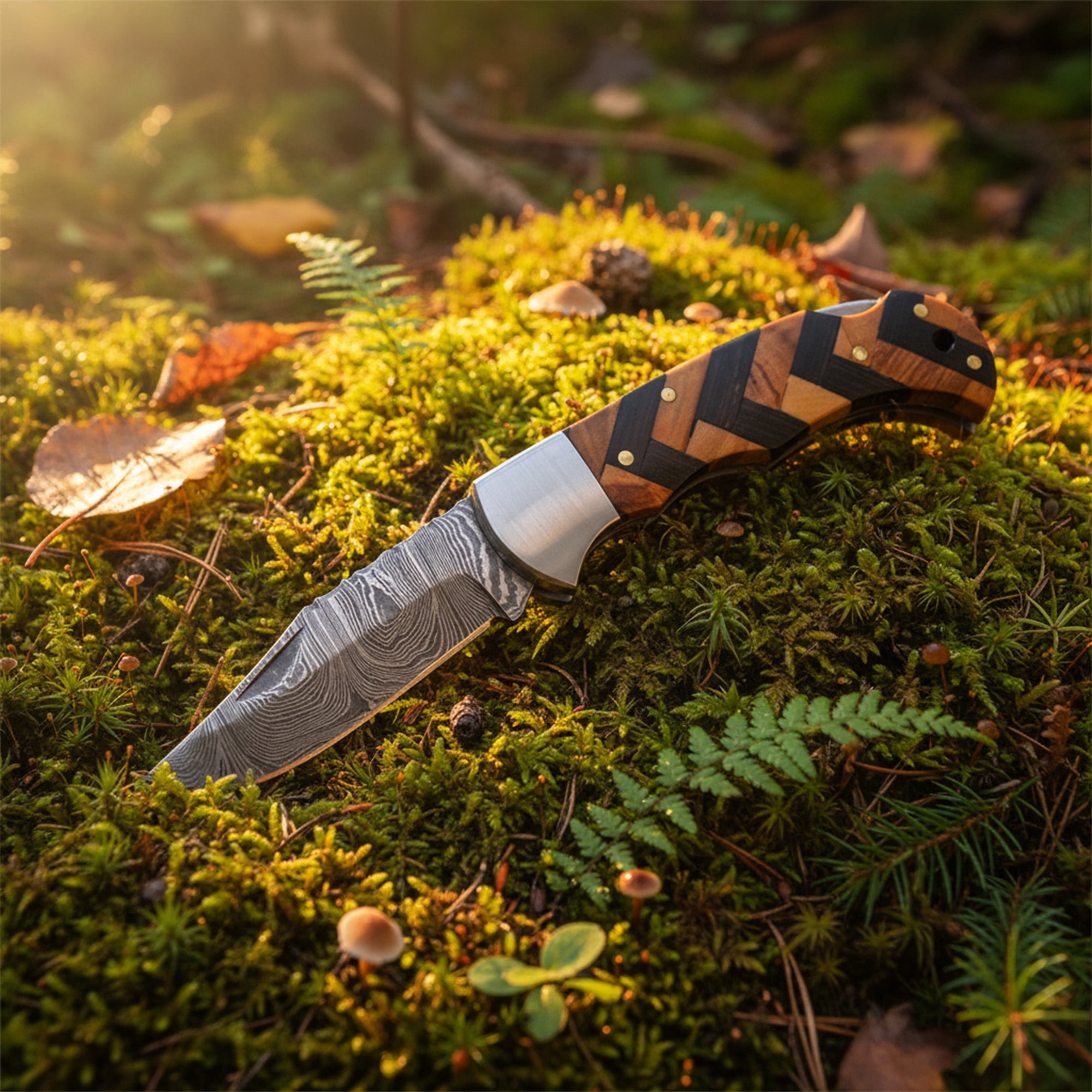 SANZ Forge & Midnight 3.75 Inch Folding Utility Knife with Damascus Pattern Blade and Wood Handle