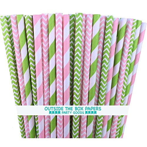 7.75 Inches Lime Green Paper Straws Stripe and Chevron 50 Pack Outside the Box Papers Brand
