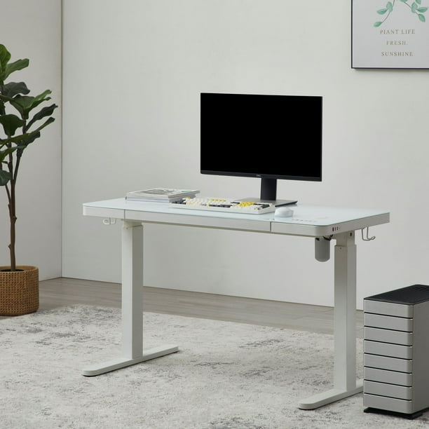 KOWO Glass Electric Standing Desk with Drawer, Tempered Glass White