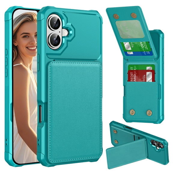 CCSmall Wallet Case for iPhone 16 with Card Holder for Women Men, Luxury Folio Leather Wallet & TPU Bumper Phone Case for Apple iPhone 16 ZM Turquoise