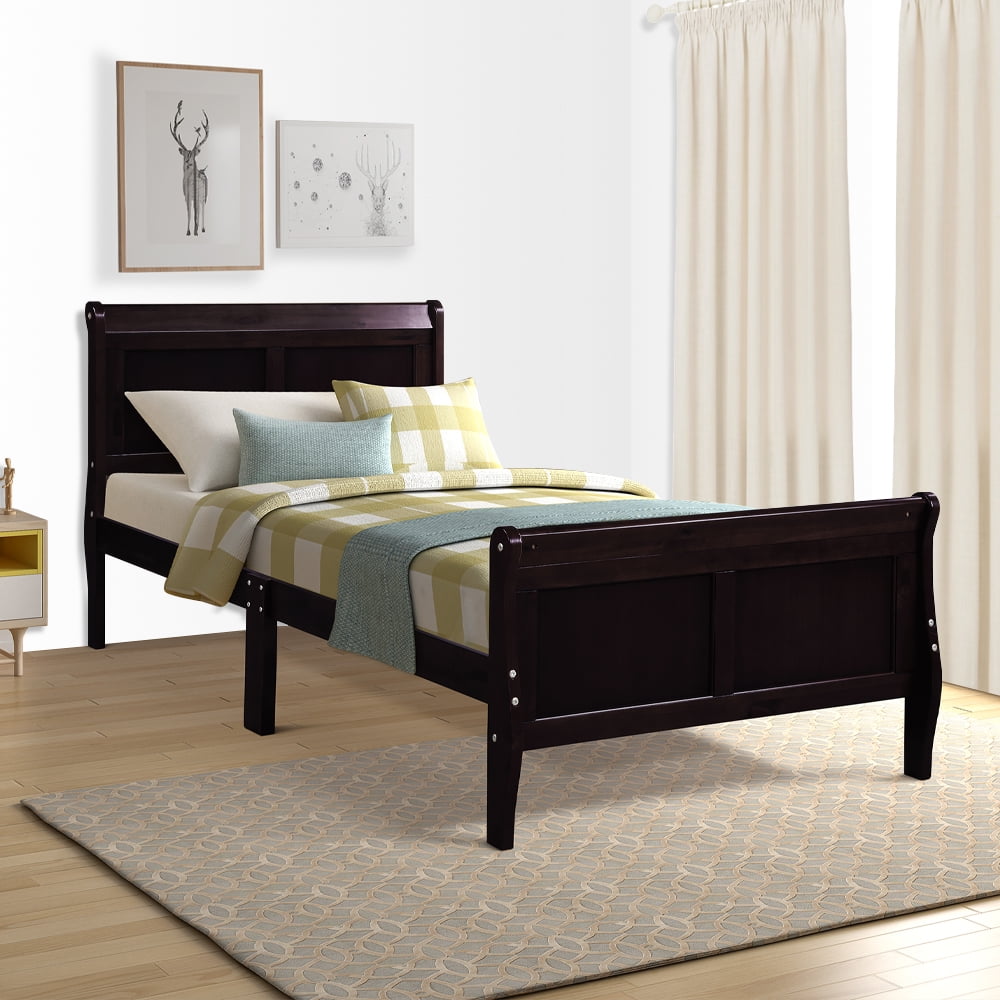 Espresso Twin Bed Frame, Modern Wood Platform Bed Frame with Headboard and Footboard, Heavy Duty