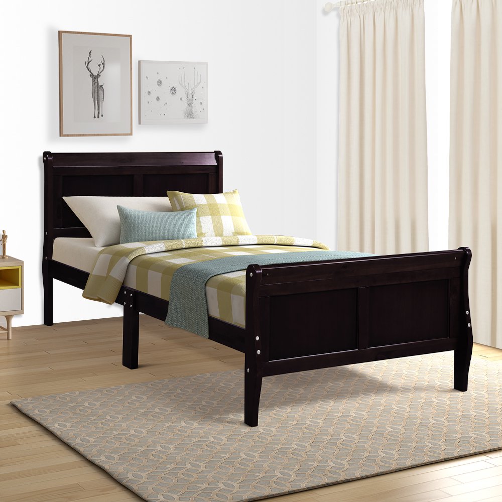 Espresso Wood Bed Frame for Twin Size, Modern Platform Bed Frame with