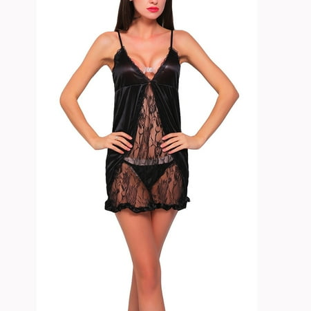 

2 Pcs Sexy Women Black Lace Robe Sleepwear Lingerie Night Dress G-string Pajamas