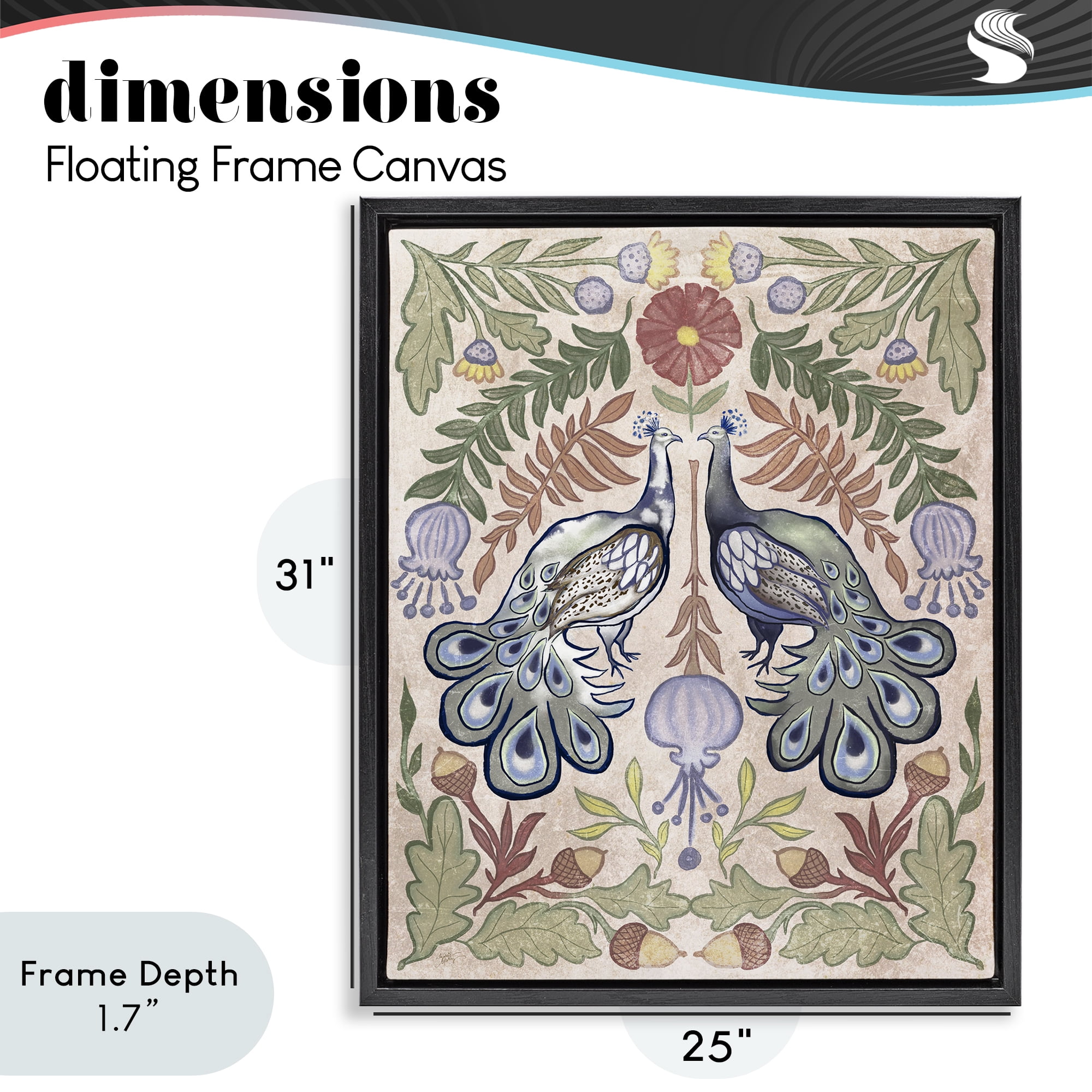 Stupell Industries Symmetrical Peacock & Flower Pattern Black Framed Floater Canvas Wall Art, design by Elizabeth Medley