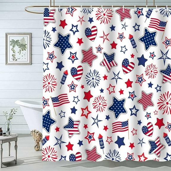 American Flag Satrs Shower Curtain, 4th of July Independence Day Red Blue Strip Stars Holiday Home Bathtubs Bathroom Decorations Machine Washable Durable Fabric Shower Curtain Sets with Hooks