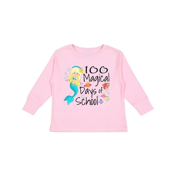 Inktastic 100 Magical Days of School with Blue Mermaid and Fish Boys or Girls Long Sleeve Toddler T-Shirt