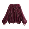 thumbnail image 3 of Aobny Ruffle Womens Fitted Tshirt Red Dressy Shirt V-Neck Long Sleeve Women T Shirts,XS, 3 of 4