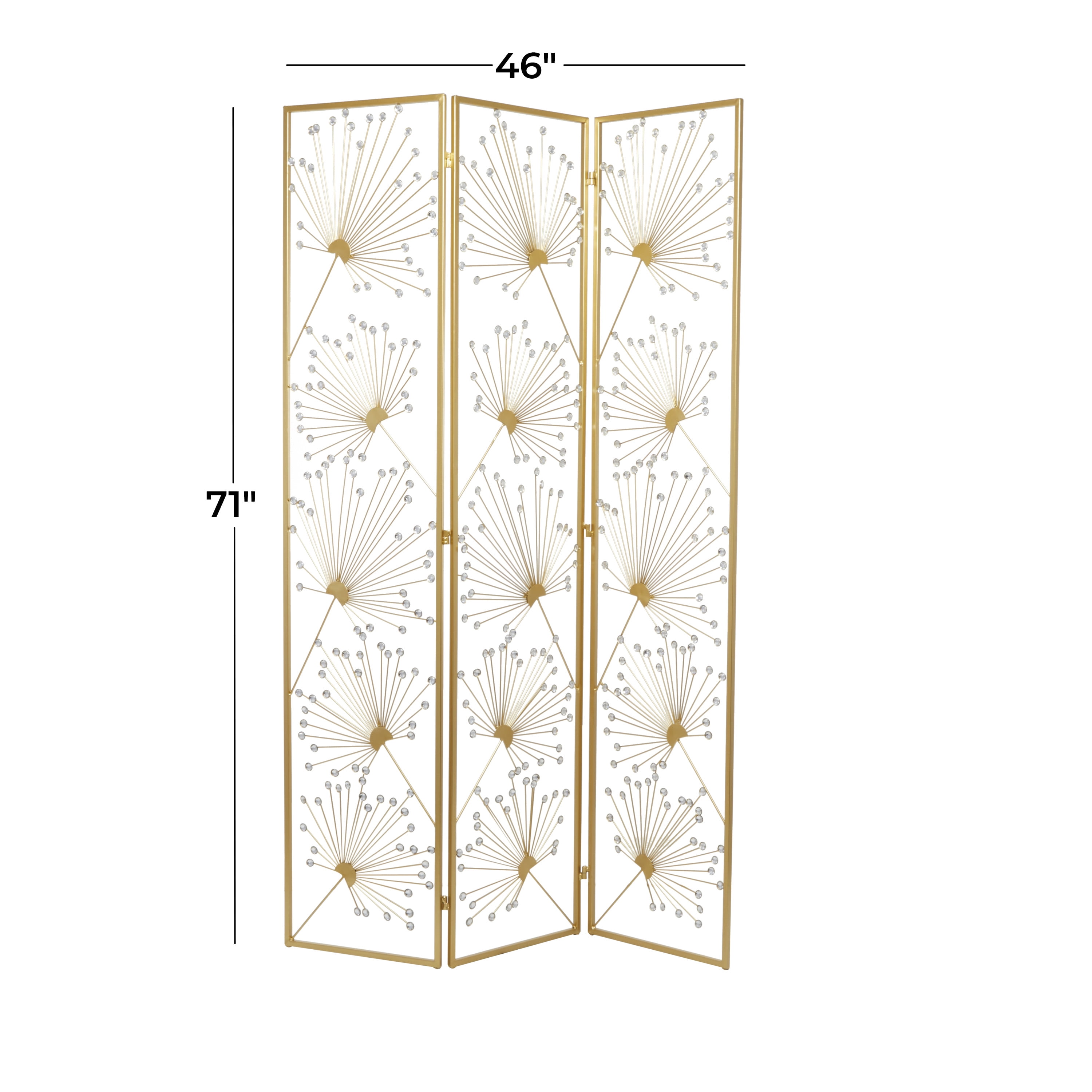 DecMode 46" x 71" Gold Metal Floral Hinged Foldable Partition 3 Panel Room Divider Screen with Crystal Embellishments, 1-Piece