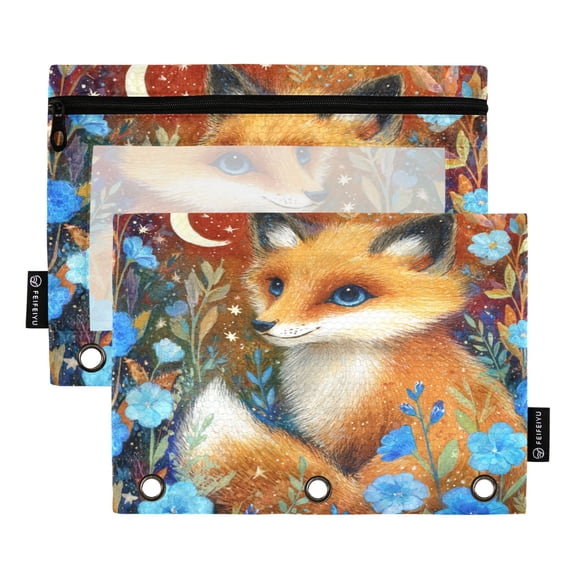 2 Pack 3 Ring Binder Pouch with Clear PVC Window Water Resistant Zipper Pencil Pouch Lovely Little Fox Binder Pocket for Classroom Office Home Stationery Organization
