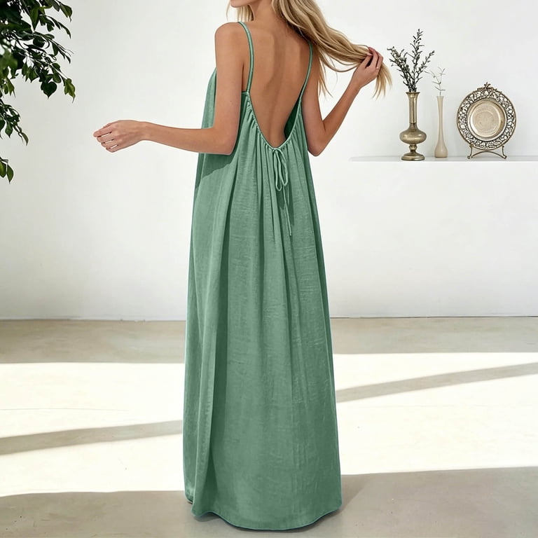Backless Cami Dresses for Women Sleeveless Solid Color Linen Lounge Dress Spaghetti Strap Flowy Summer Loose Maxi Sundress for Indoor