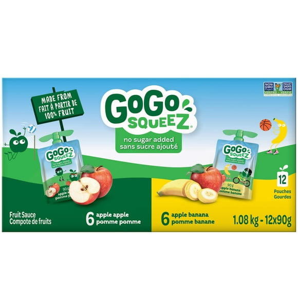 Emballage assortis de compote de fruits GoGo squeeZ , pomme, banane, sans sucre ajouté. 90 g par gourde, emballage de 12 1,08kg