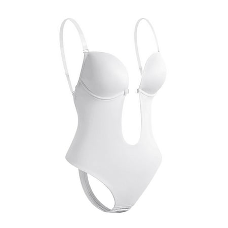 HEVIRGO Removal Invisible Shoulder Straps Body Shaper U-shape Backless Deep V-neck Bodysuit Bra Shapewear for Inside Wear White M