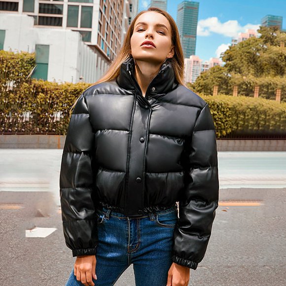 Abrigo de algodón de moda para otoño e invierno, abrigo de cuero de estilo europeo y americano, cuello de mujer, estilo corto, abrigo de algodón de pan cálido