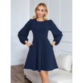 thumbnail image 6 of Women's Puff Sleeve Work Dresses Spring Long High Waist Line Short Dress for Casual Business Navy Blue L, 6 of 10