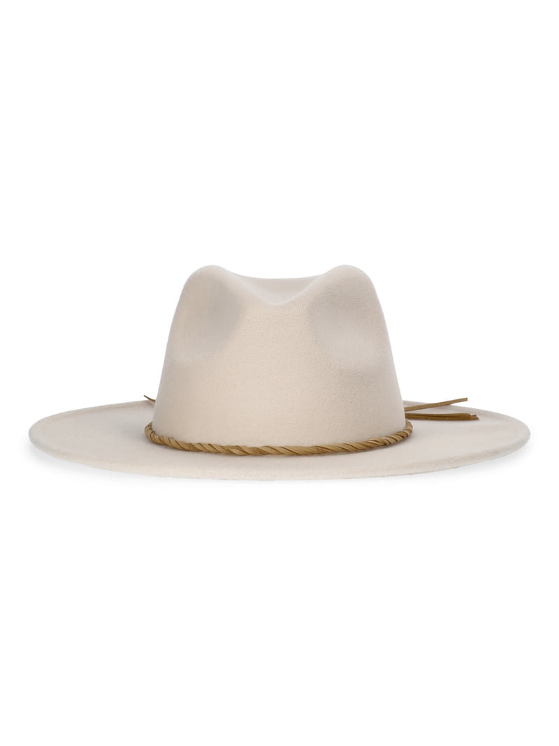 Cream Faux Suede Wide Brim Fedora‎ Hat with Braided Band Cowgirl One Size Granger | Womens Cream Faux Suede Rancher Fedora Hat  main image 3