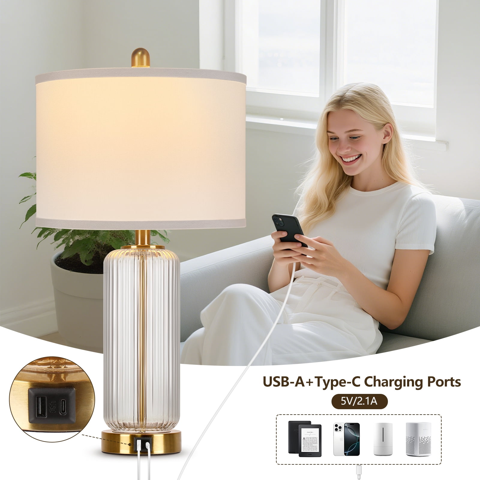 27" Modern Glass Table Lamps with USB A+C Ports, Clear Bedside Lamps Desk Lamps for Bedroom