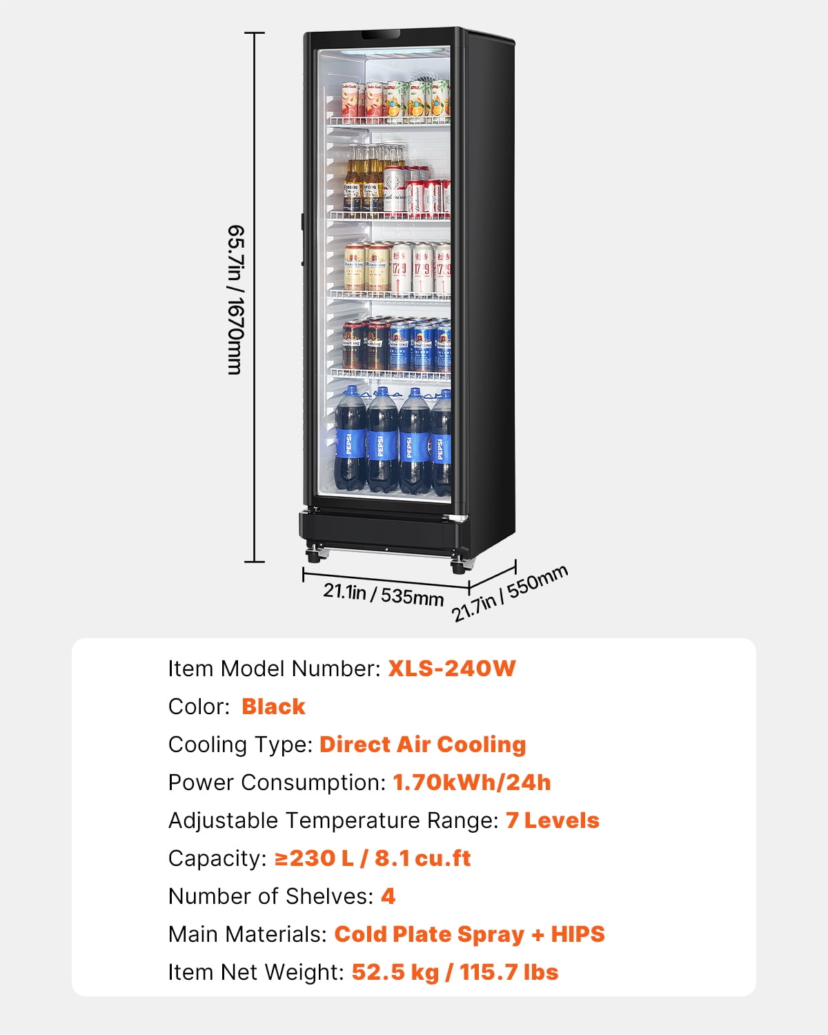 VEVOR Commercial Merchandiser Refrigerator, 8.1 CU.FT Glass Door Display Refrigerator Upright Fridge, Beverage Refrigerator Cooler Merchandiser with 4 Adjustable Shelves and Soft LED Light, Black