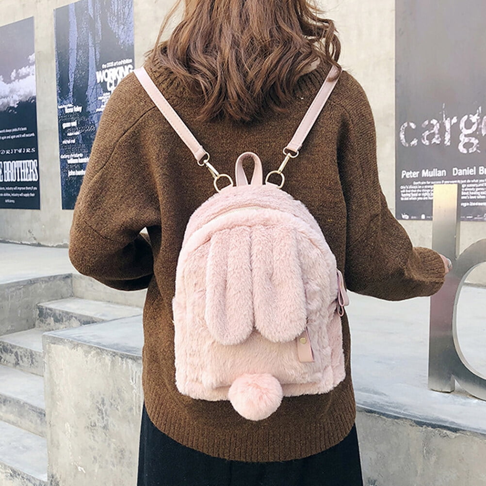 Women Girls Bunny Backpack Plush Mini Fluffy Rabbit Ear Backpack Fuzzy Bunny Satchel Casual Daypack