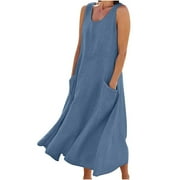 BNALN Summer Dresses for Women Sale Women Dresses Spring Casual Maxi Dress Sleeveless Cotton Linen Long Dresses Plus Size Boho Beach Flowy Tshirt Sundress Loose Travel Vacation Dresses
