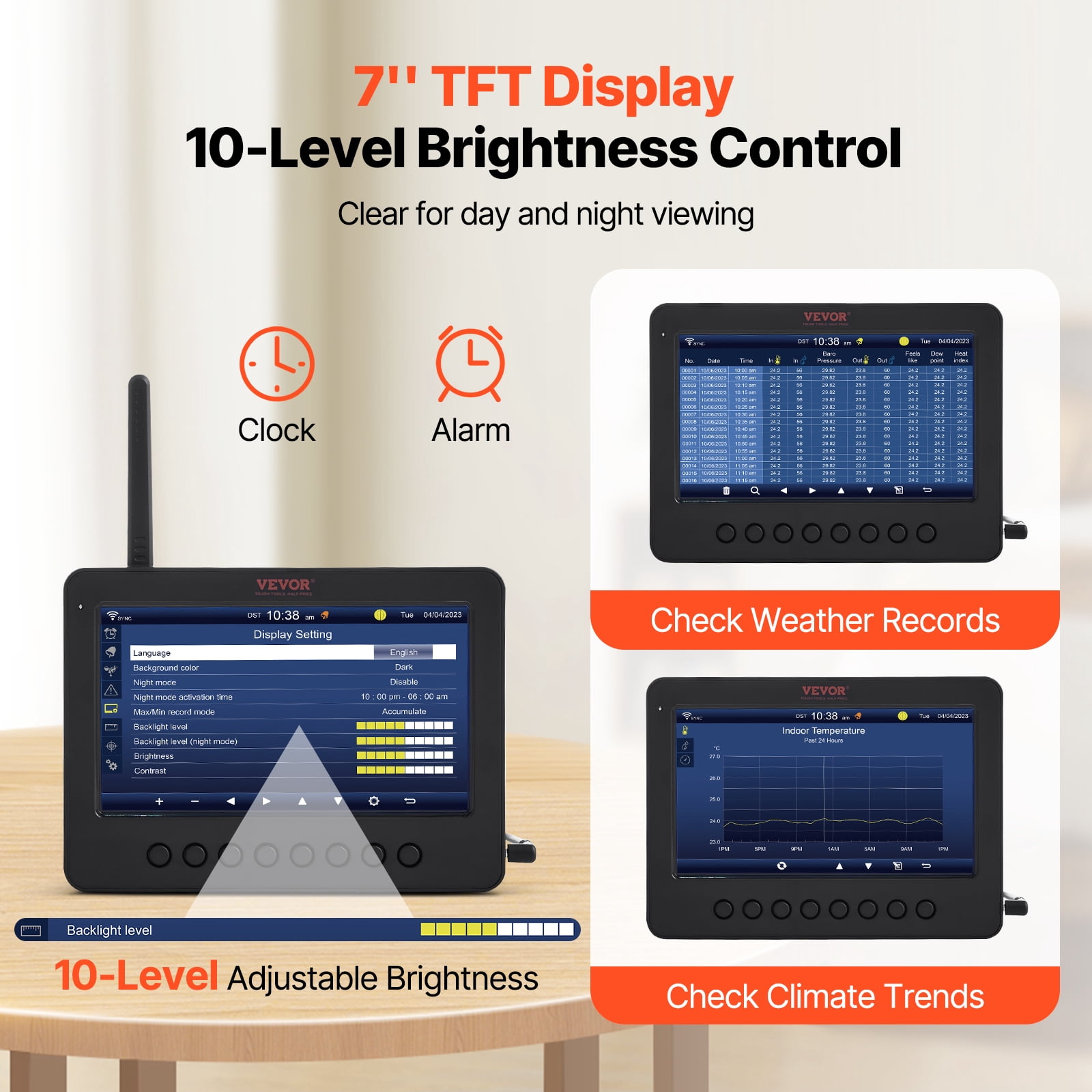 VEVOR 7-in-1 Wireless Weather Station with Wi-Fi,7" TFT Colorful Display, Solar-Powered Outdoor Sensor, Indoor & Outdoor Monitoring, Includes Temperature, Humidity, Wind Speed/Direction, and Rainfall