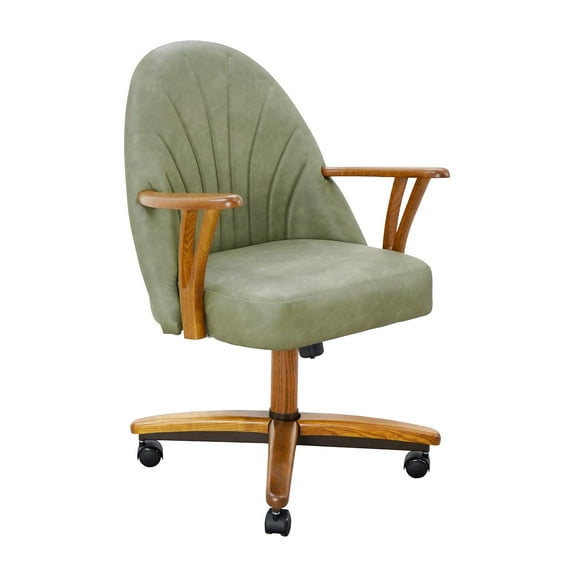 Chromcraft Swivel-Tilt Dining Chairs on Casters, Chestnut Solid Wood Accents, Textured Bronze Pedestal Base, Ivanhoe Pine NPL Upholstery, set of 1