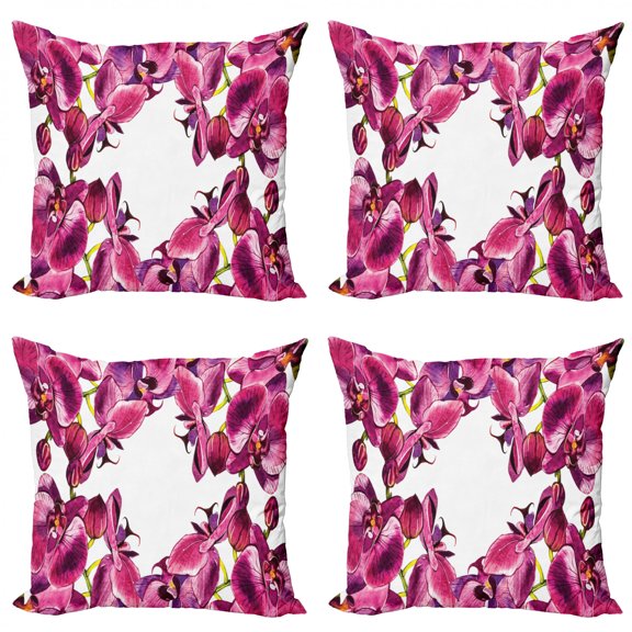 Ambesonne Floral Throw Pillow Cover 4 Pack, Fresh Spring Orchids Art, 24", Magenta Violet