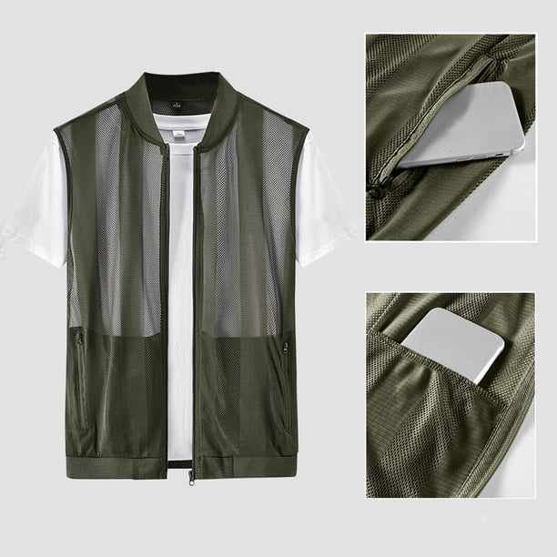 pstuiky Camisetas sin mangas para hombre, Chaleco de verano transpirable con malla y protección solar para hombre, con bolsillo interior para pesca al aire libre Camisas para hombres l