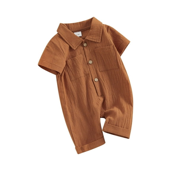 FEORJGP Infant Boy Summer Cotton Linen Jumpsuit Newborn 3M 6M 12M 18M Lapel Shirt Overalls Solid Color Short Sleeve Bodysuit Front Button Romper Toddler Baby Casual Daily Clothes