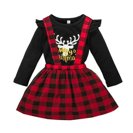 

nsendm Fir Girl Toddler Baby Girls Skirt Suit Christmas Xmas Cartoon Deer Letter Printed Tops T-shirt Baby Girl Gift Black 18-24 Months