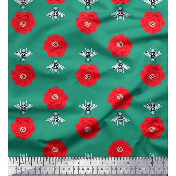 Soimoi Poly Georgette Fabric Floral & Bee Insects Print Fabric by The Yard 42 Inch Wide